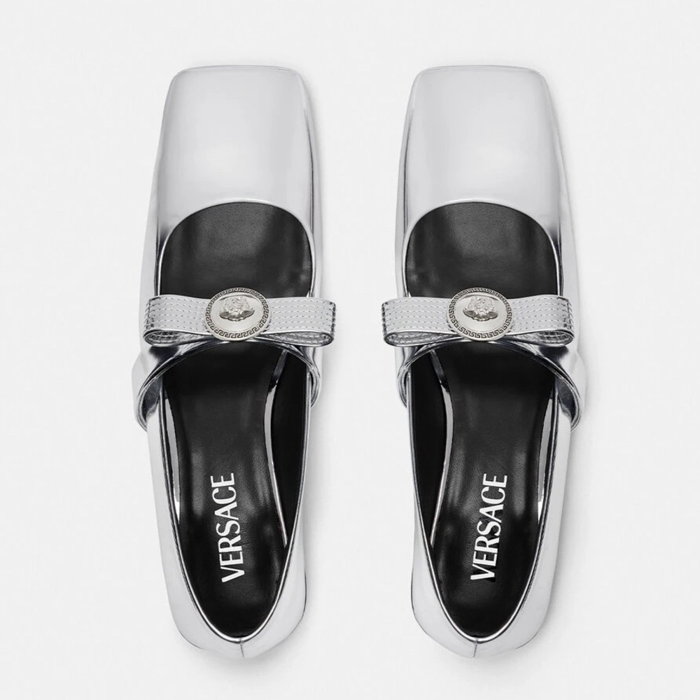 Versace Silver Flats Metallic Mary Jane Bow 9.5 Cocktail Party Formal Medusa 🟡